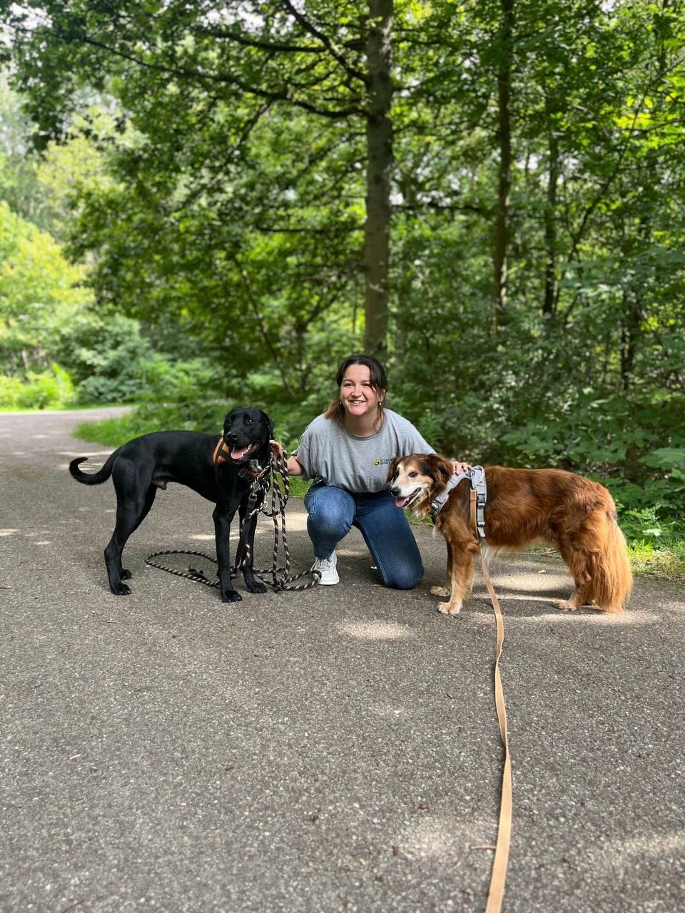 Marion Rahaingomanana avec deux chiens en promenade dans la foret